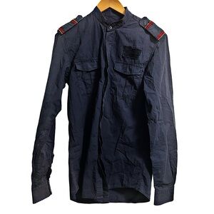Authentic Balmain Navy Military Epaulettes Collarless Shirt